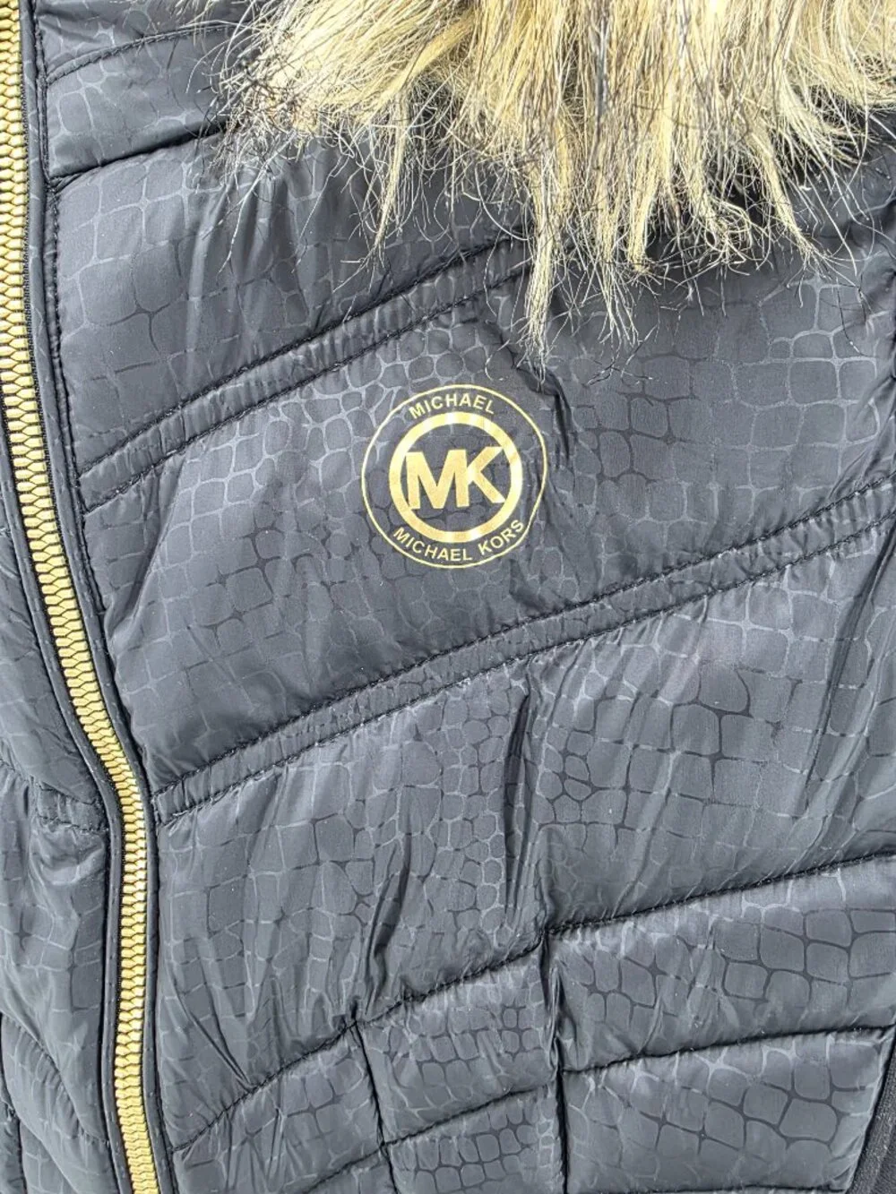 Michael Kors Black Quilted Puffer Vest Size M Faux Fur Hood Gold MK Logo